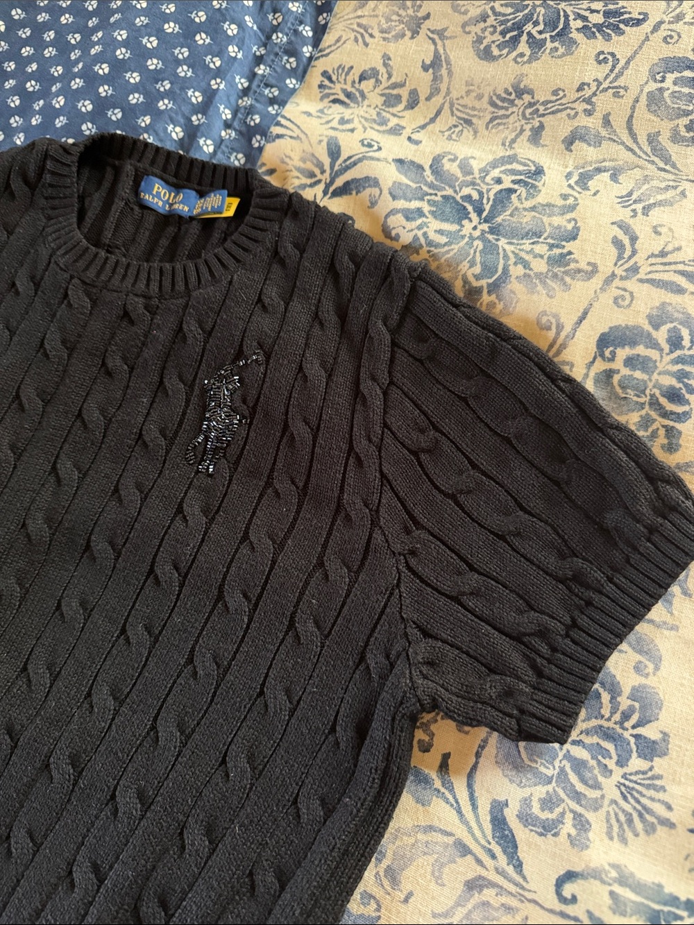 RL Black Beaded Big Pony Cable-Knit Crewneck Sweater Tee